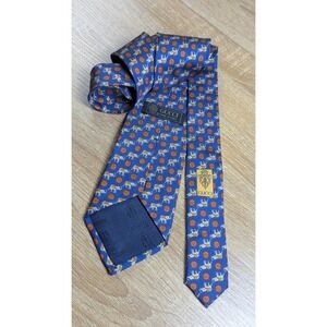 VINTAGE GUCCI Silk Tie Blue Elephant & Floral Medallion Print Made in Italy Rare